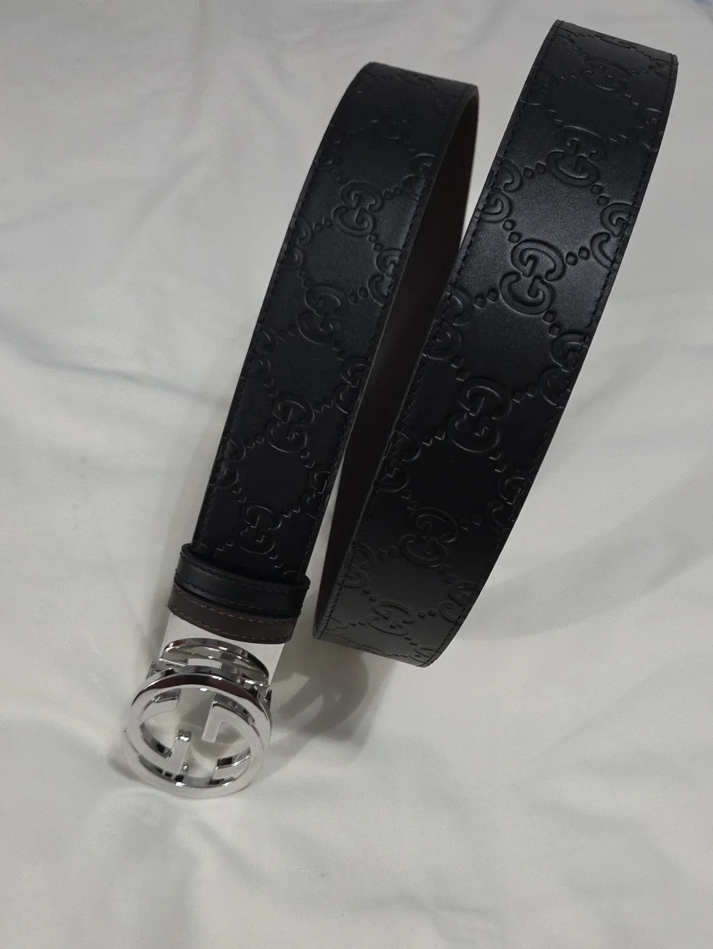 Gucci Reversible Black Brown Leather Belt with Silver Double G Buckle 34/36